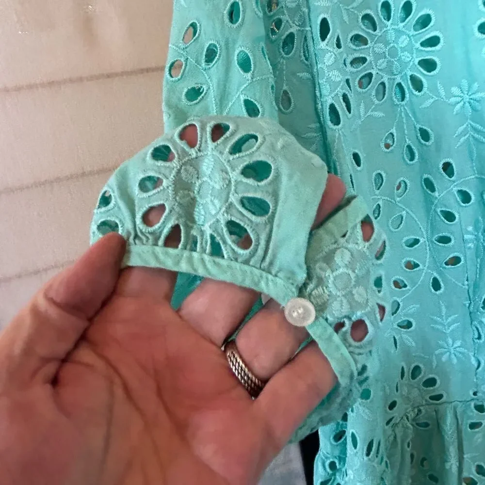 J.Crew Puff Sleeve Eyelet Aqua Blue Tired Dress 22